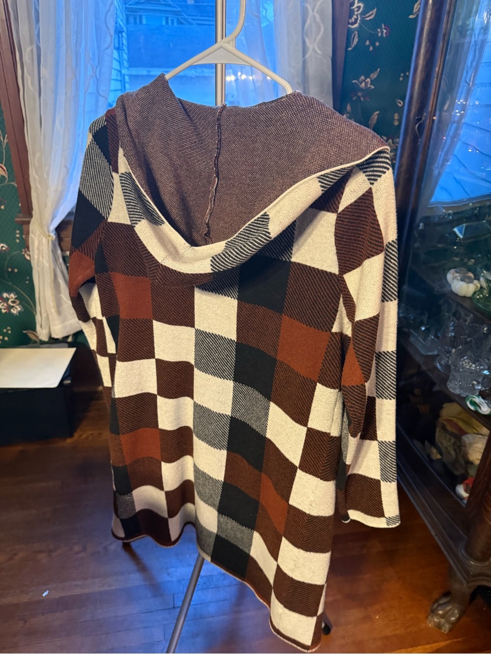 Plaid Hooded Open Cardigan in Brown, Orange, Black & Cream